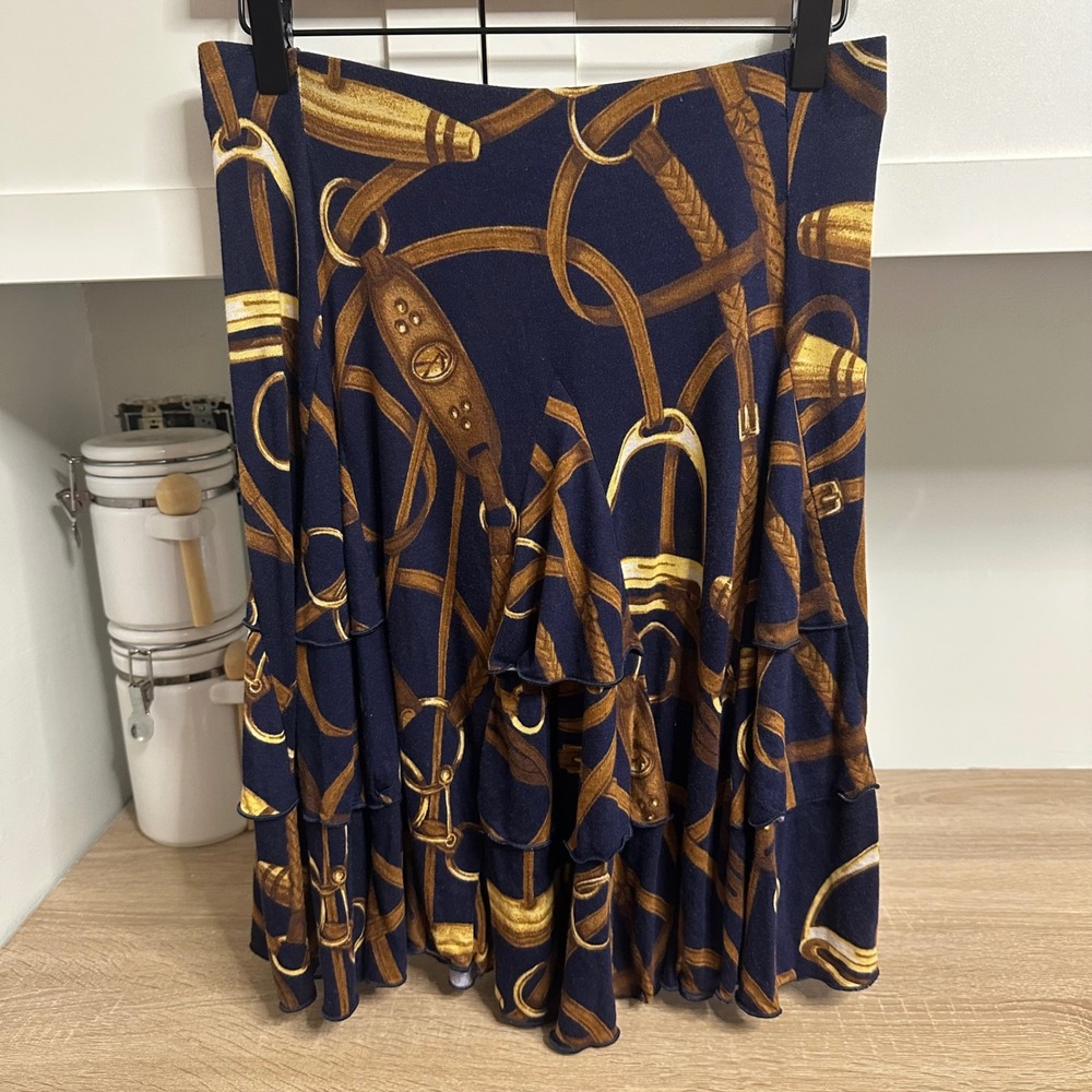Lauren Ralph Lauren Skirt Womens S Navy Blue Equestrian Print Tiered Ruffle Mini
